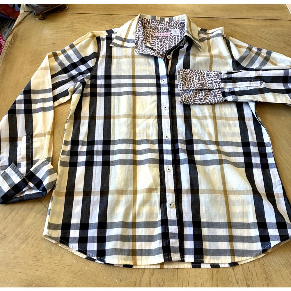 Tizzie Button Down Shirt Plaid Stripe Chains Flip Cuffs Preppy Modern Luxury L - Picture 3 of 14